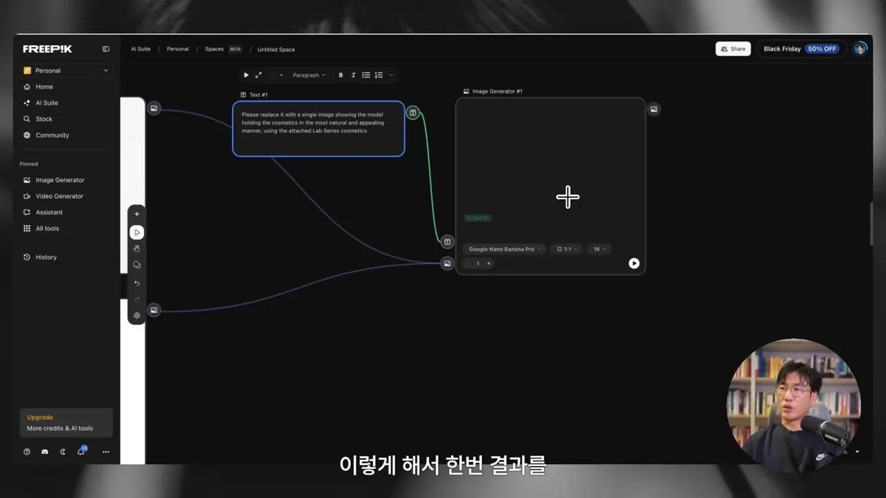 Freepik Spaces 노드형 워크플로우에 텍스트 노드와 이미지 제너레이터가 연결된 화면