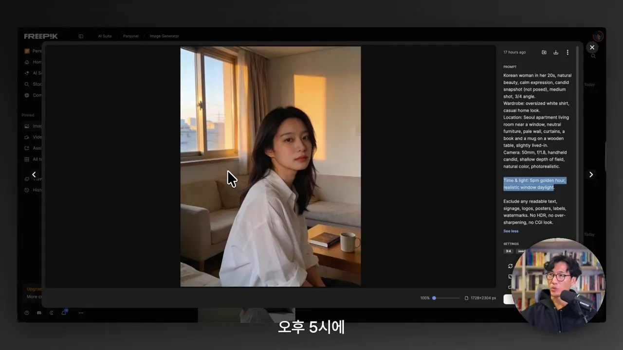 창가에서 골든아워 빛을 받는 여성 포트레이트와 오른쪽 프롬프트 패널, 자막에 '오후 5시에'가 보이는 스크린샷