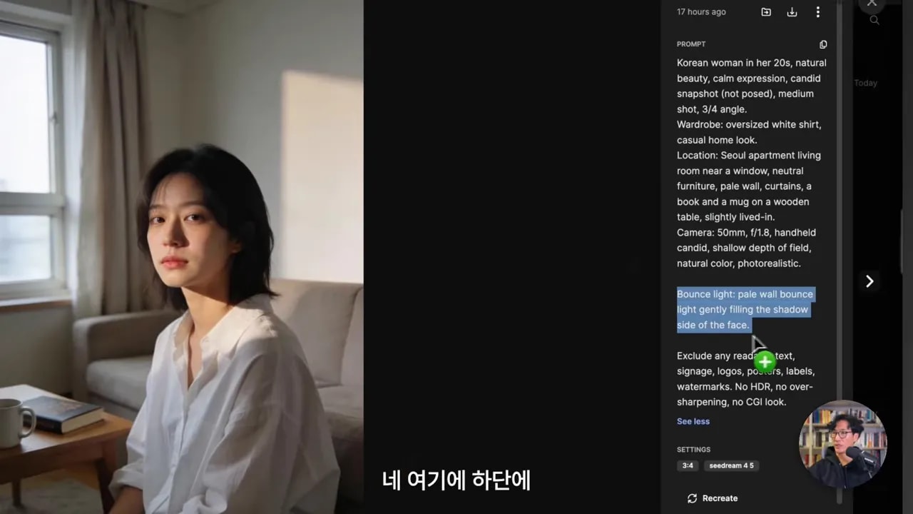 창가 인물 사진과 오른쪽 프롬프트에 'Bounce light' 문구가 하이라이트된 스크린샷