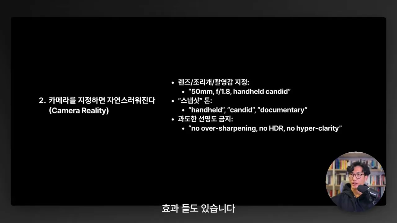 슬라이드: '카메라를 지정하면 자연스러워진다'와 '50mm, f/1.8, handheld candid' 텍스트가 선명하게 보임