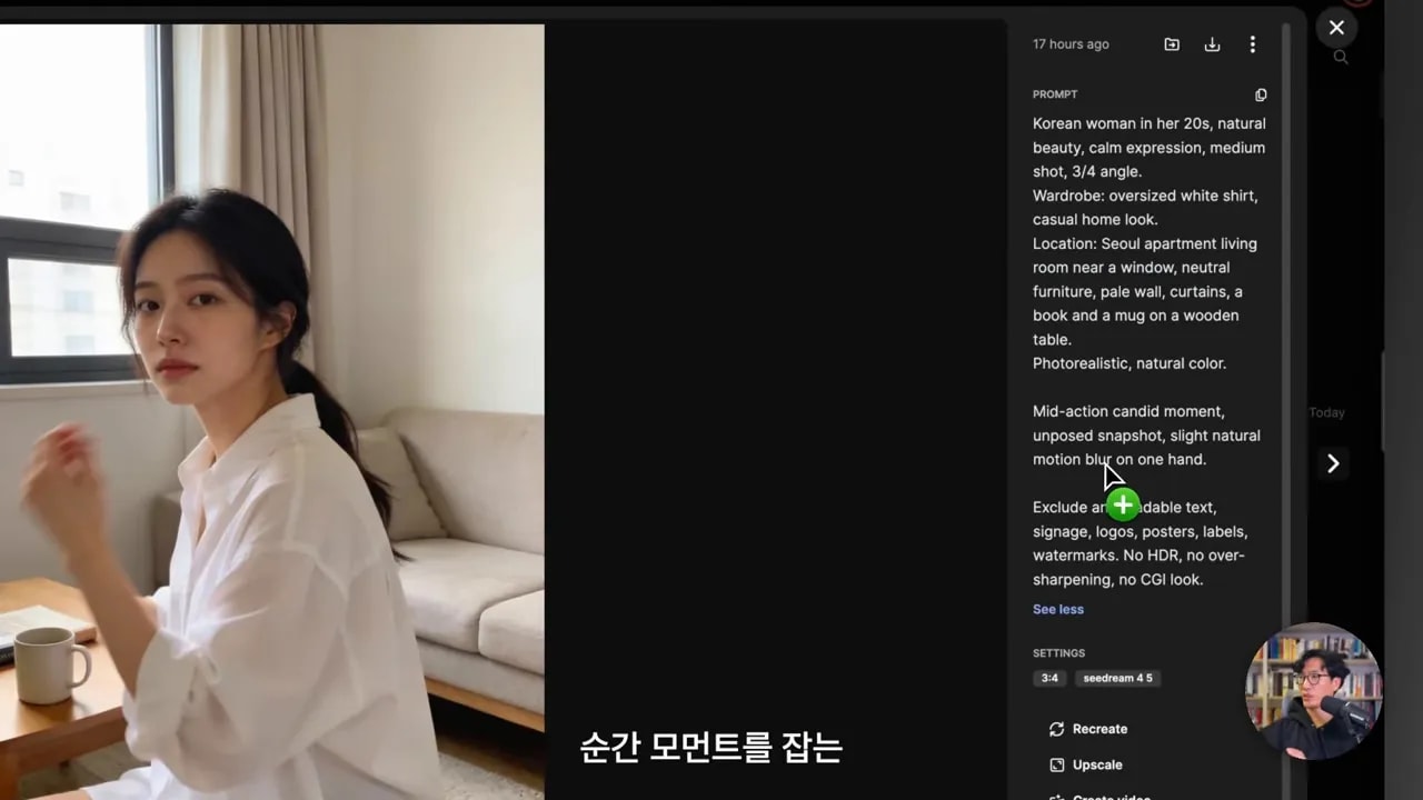 창가 소파 옆에서 흰 셔츠를 입은 여성이 손을 움직이며 약간의 모션 블러가 보이는 선명한 포트레이트와 오른쪽 프롬프트 패널