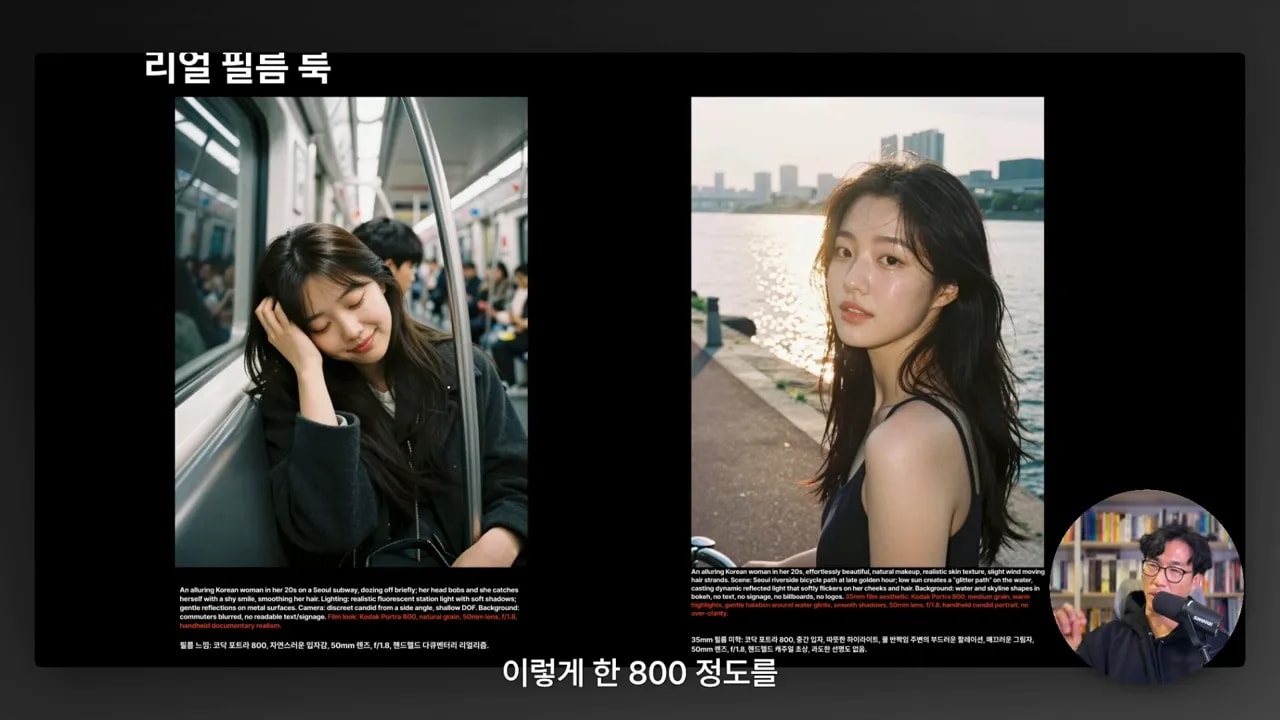 두 장의 필름 스타일 인물 사진과 하단 자막에 '800'을 언급하는 프레젠테이션 화면, 발표자 썸네일 포함