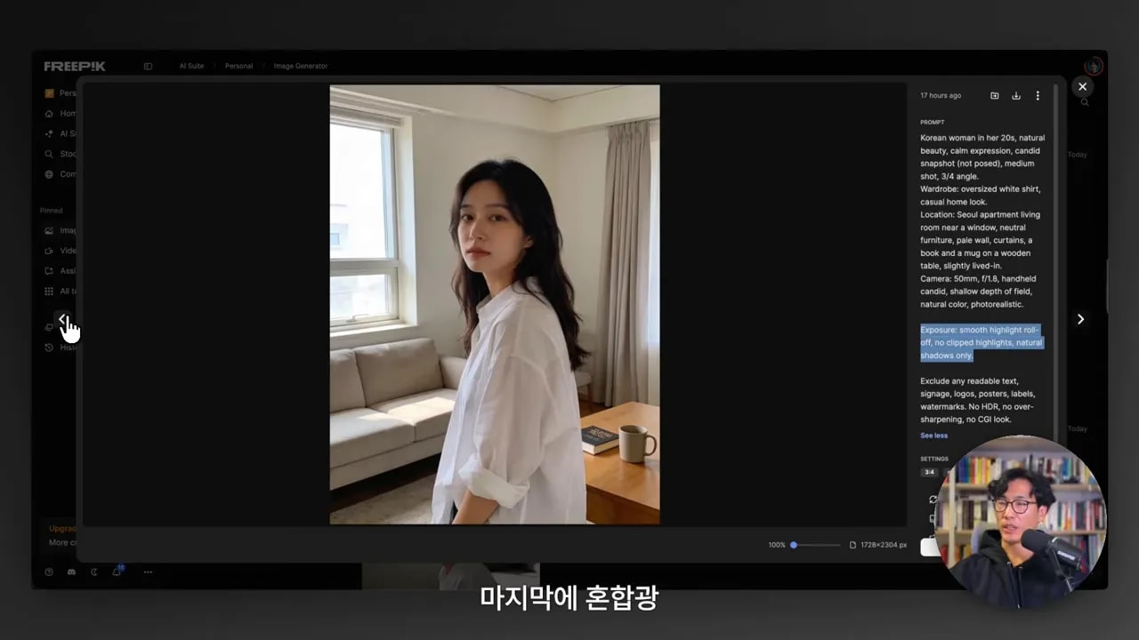 창가 인물 사진이 중앙에 있고 오른쪽 프롬프트 패널에 'Exposure: smooth highlight roll-off' 문구가 파란색으로 강조된 스크린샷