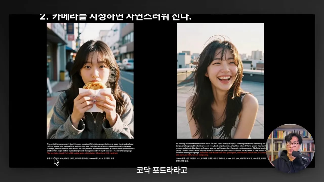 프레젠테이션 슬라이드: 두 포트레이트 사진과 발표자 썸네일, 자막에 '코닥 포트라'라는 설명이 보이는 화면