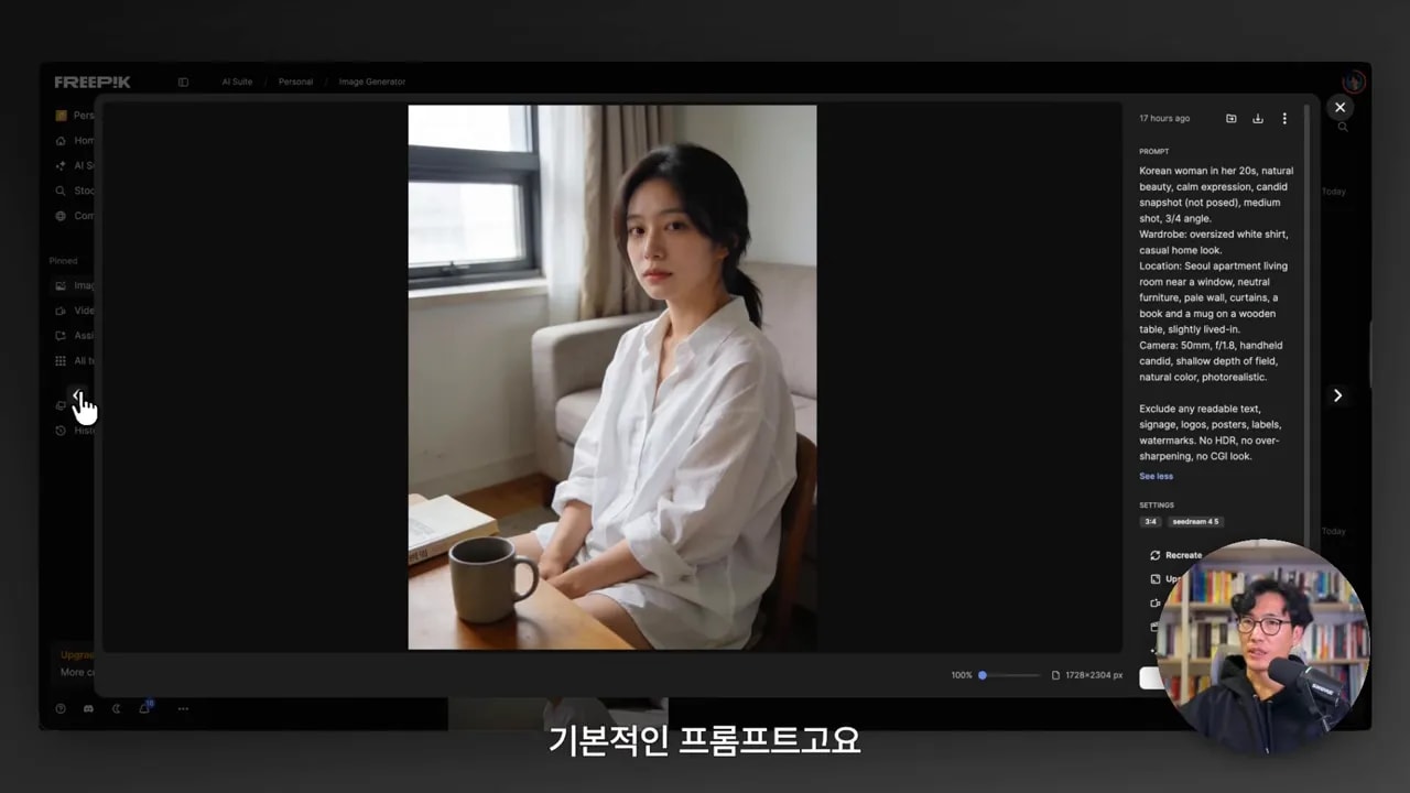 AI 이미지 생성 툴 화면에서 프롬프트 패널과 창가에 앉은 여성의 생성 이미지 미리보기