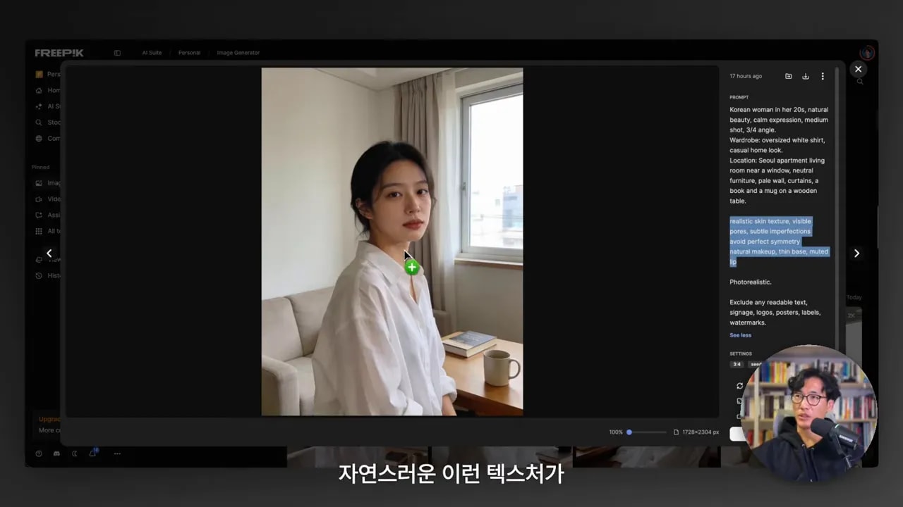 선명한 창가 포트레이트와 오른쪽 프롬프트 패널에 'realistic skin texture, visible pores' 같은 문구가 강조된 스크린샷